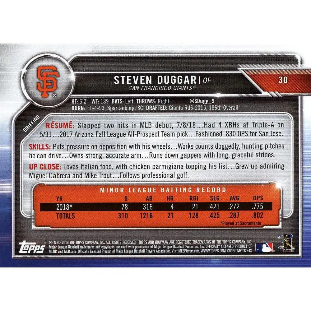 2019 Bowman Steven Duggar RC #30 San Francisco Giants